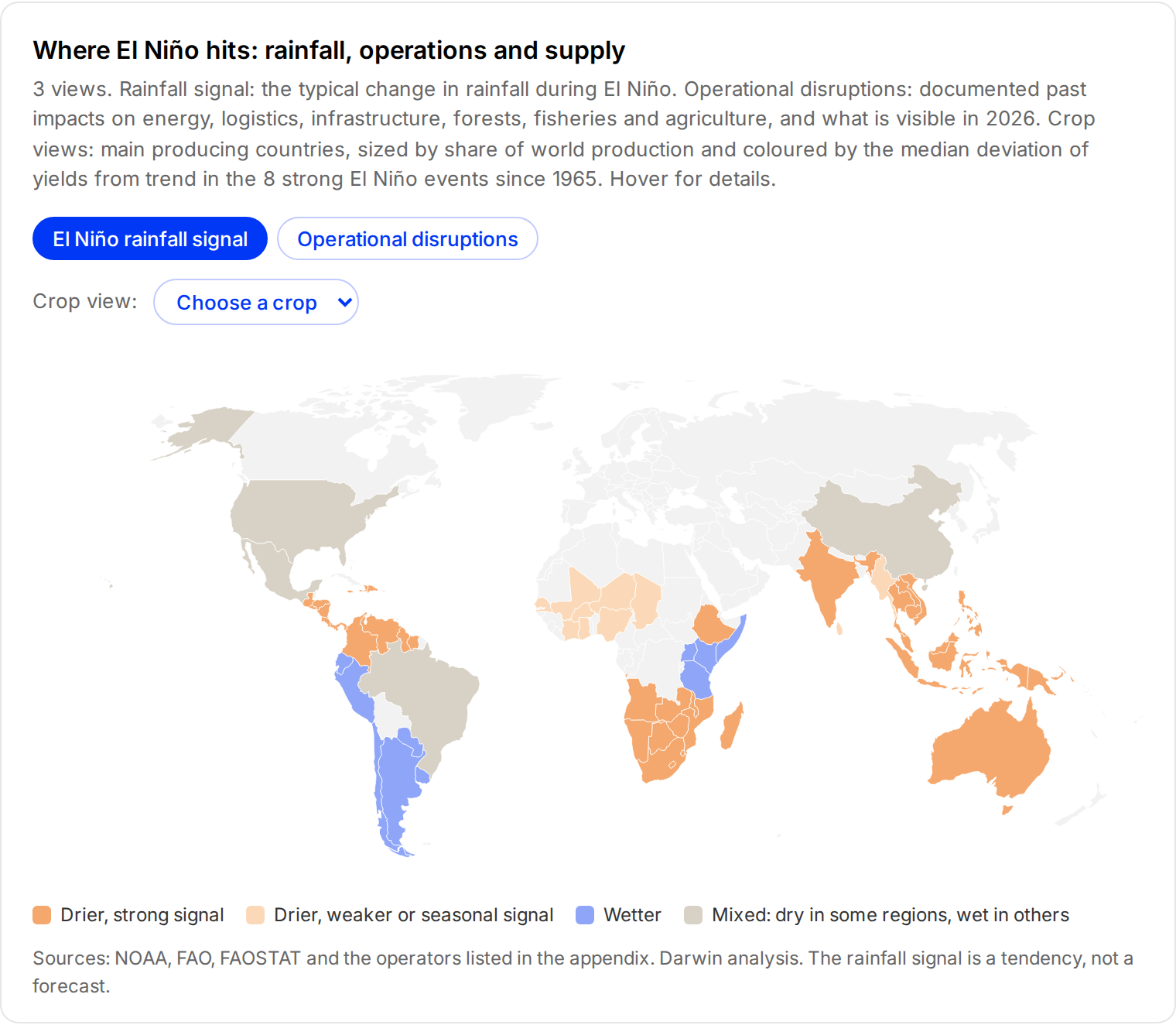 Map of El Niño rainfall signal, operational disruptions and producing countries