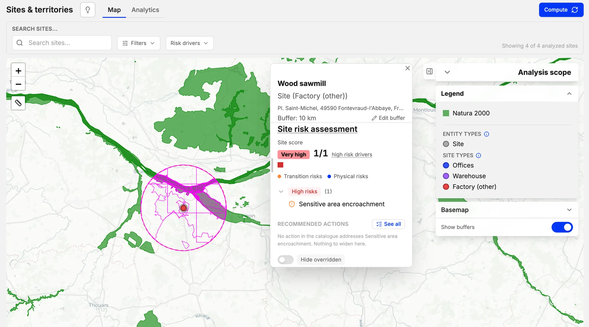 Darwin platform: a French sawmill on the map with its 10 km buffer overlapping Natura 2000 protected areas, rated very high on sensitive area encroachment.